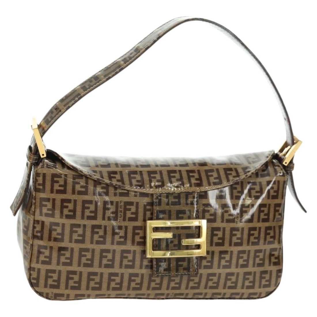 FENDI ZUCCHINO CANVAS MAMMA BAGUETTE BAG: FENDI Zucchino Canvas Mamma Baguette Bag Brand: FENDI Type/Style: Shoulder Bag Material: Coated Canvas Color: Beige/Gold Size: Size(Inch) W9.8 x H5.5 x D3.5inch(Approx) Accessories: None A