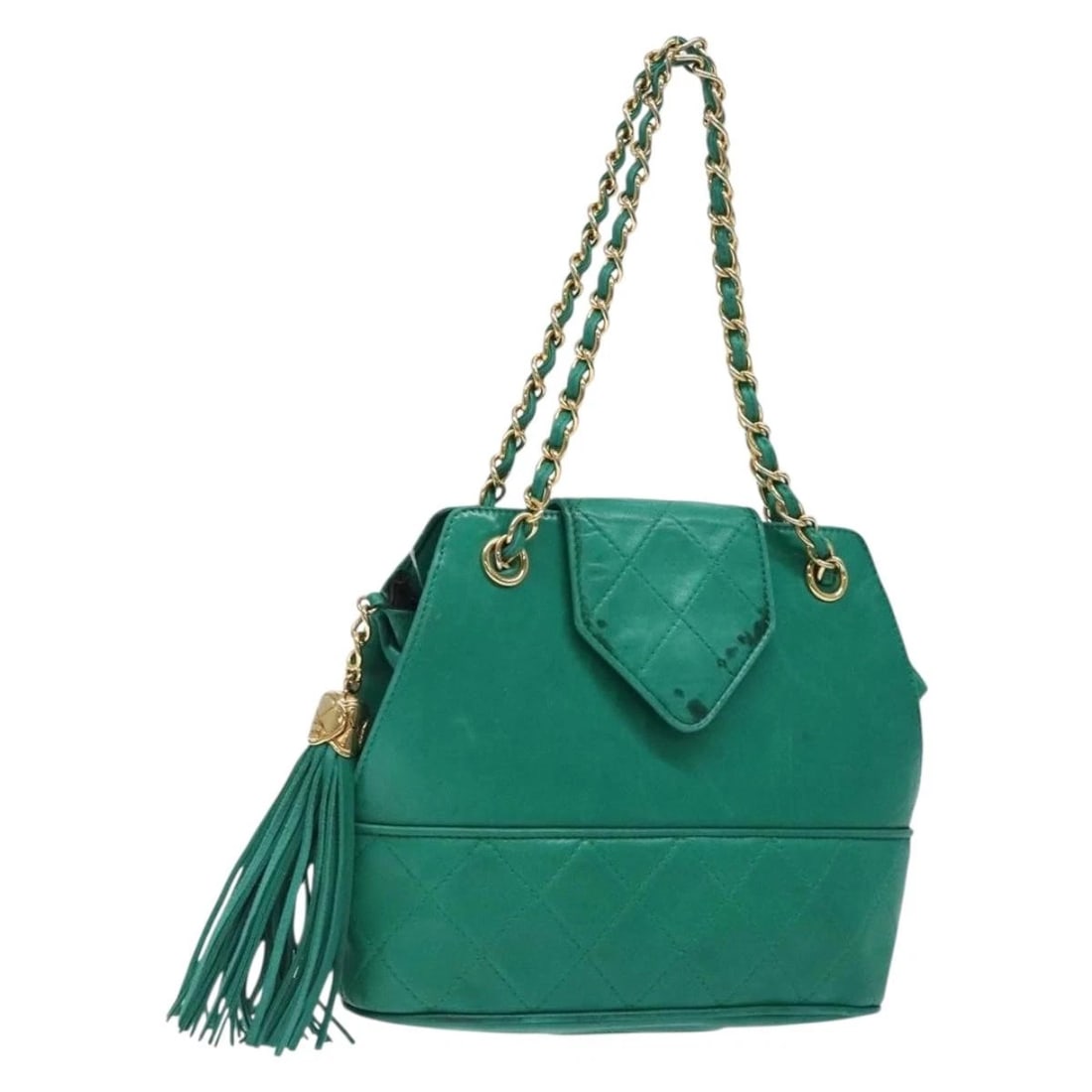 CHANEL CHAIN HAND BAG LAMB SKIN GREEN GOLD: CHANEL Chain Hand Bag Lamb Skin Green Gold Brand: CHANEL Type/Style: Hand Bag Material: Lamb Skin Color: Green/Gold Size: Size(Inch) W8.3 x H6.7 x D2.8inch(Approx) Accessories: None Access