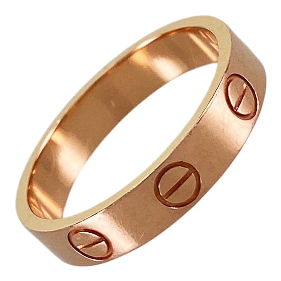 CARTIER MINI LOVE ROSE GOLD RING: Cartier Mini Love Rose gold Ring Brand: Cartier Type/Style: Ring Material: 18K Rose Gold, Color: Rose Gold Size: 5.5 US Accessories: None Accessories Notice: When purchasing pre-owned goods, please