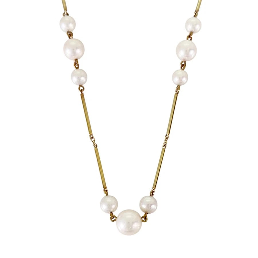 MIKIMOTO YELLOW GOLD PEARL NECKLACE: MIKIMOTO Yellow gold Pearl Necklace Brand: MIKIMOTO Type/Style: Necklace Material: 18K Yellow Gold, Color: Gold Size: Pearl size:3.5mm-7.6mm Necklace full length:56cm Accessories: None Accessories