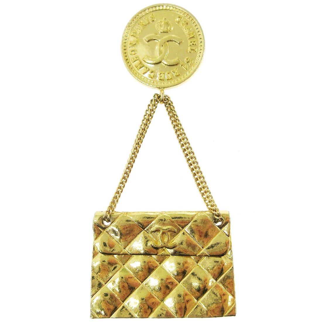 CHANEL BAG BROOCH PIN GOLD: Chanel Bag Brooch Pin Gold Brand: Chanel Type/Style: Brooch Material: Gold-tone, Color: Gold Size: W 3.5 x H 8.0 cm Accessories: None Accessories Notice: When purchasing pre-owned goods, please refer