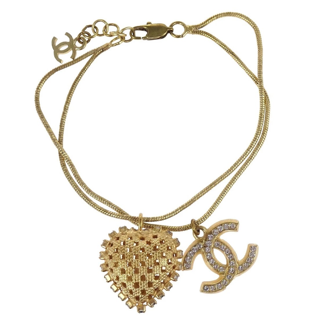 CHANEL HEART CC CHAIN BRACELET GOLD RHINESTONE: Chanel Heart CC Chain Bracelet Gold Rhinestone Brand: CHANEL Type/Style: Bracelet Material: Gold Plated, Color: Gold Size: Inner circumference : 19.0 cm Charm(Heart) : W 2.0 x H 2.1 cm Accessories