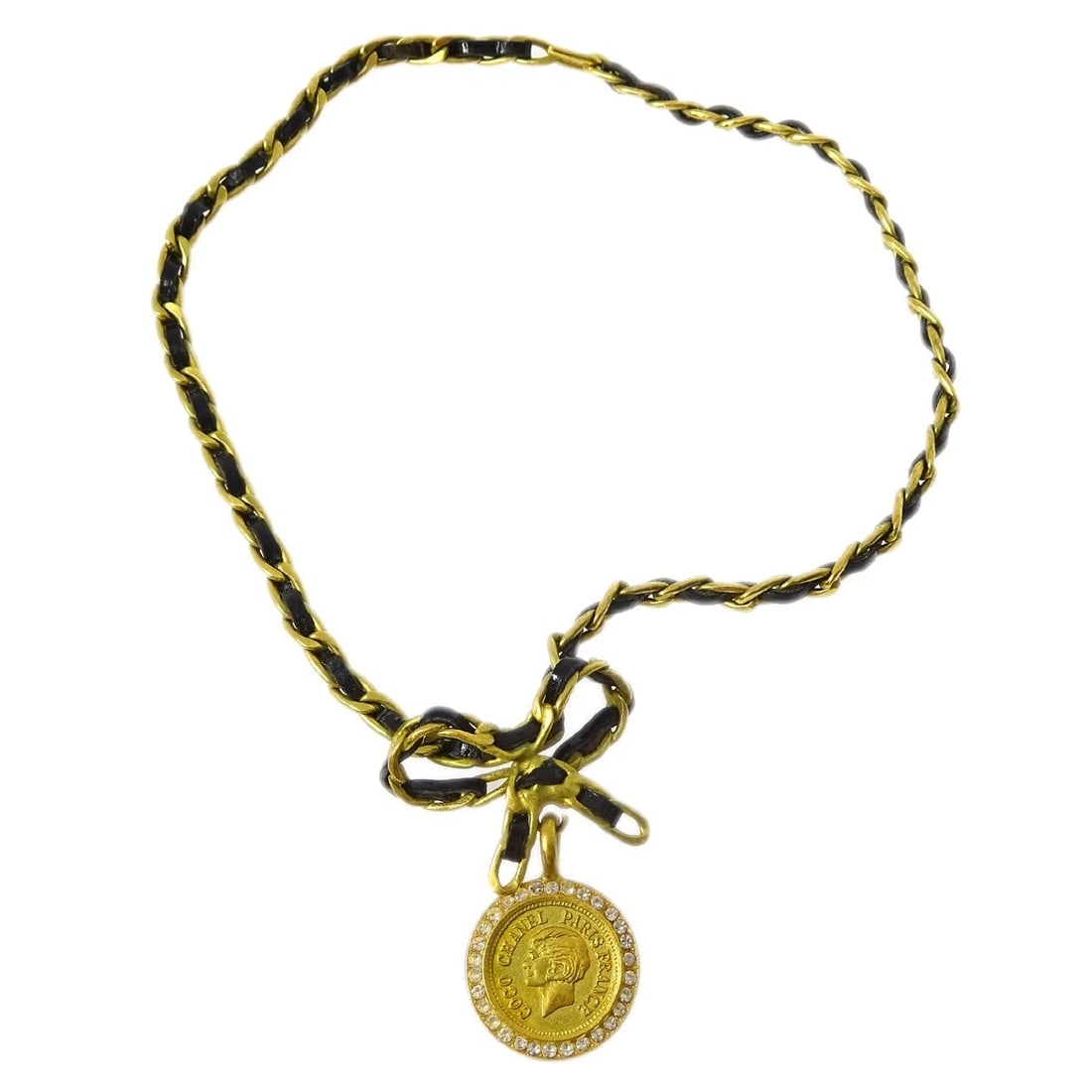 CHANEL GOLD BLACK BOW MEDALLION RHINESTONE PENDANT NECKLACE: Chanel Gold Black Bow Medallion Rhinestone Pendant Necklace Brand: CHANEL Type/Style: Pendant Material: Gold-plated, Rhinestone, Leather, Color: Gold, Black Size: Chain(Overall) : 36.0 cm Top : Diamet