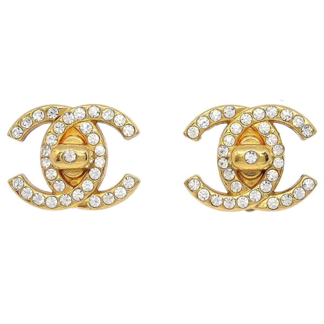 CHANEL CC TURNLOCK CLIP-ON EARRINGS GOLD RHINESTONE (1 of 3)
