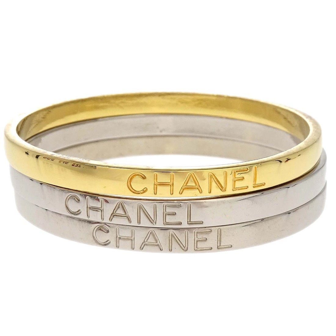 CHANEL 3 SET BRACELET BANGLE SILVER GOLD: Chanel 3 Set Bracelet Bangle Silver Gold Brand: CHANEL Type/Style: Bracelet Material: Silver Plated, Gold Plated, Color: Silver, Gold Size: Inner circumference : 18.0 cm Width : 0.5 cm Accessories