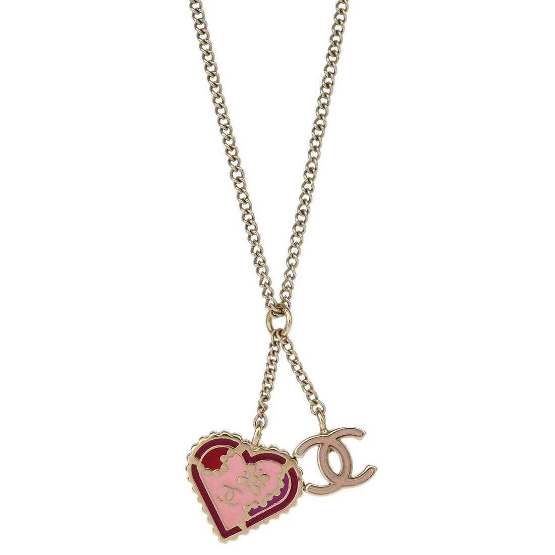 CHANEL HEART CHAIN PENDANT NECKLACE GOLD: Chanel Heart Chain Pendant Necklace Gold Brand: CHANEL Type/Style: Necklace Material: Gold Plated, Color: Gold, Pink, Red Size: Chain(Overall) : 42.0 cm Top : W 1.2 x H 1.2 cm Accessories: None