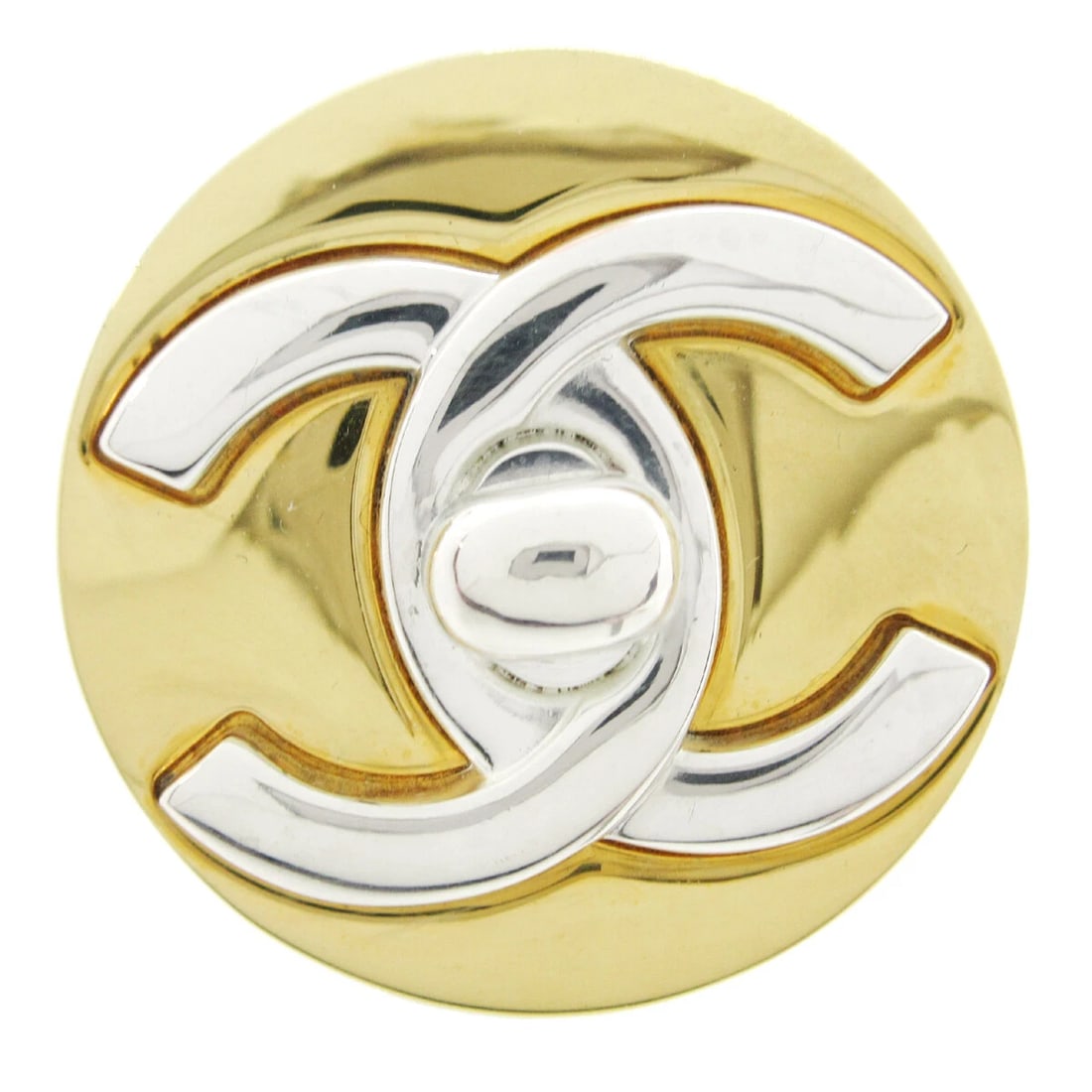 CHANEL MEDALLION TURNLOCK BROOCH PIN GOLD: Chanel Medallion Turnlock Brooch Pin Gold Brand: Chanel Type/Style: Brooch Material: Gold-tone, Silver Plated, Color: Gold, Silver Size: Diameter : 3.8 cm Accessories: None Accessories Notice: When