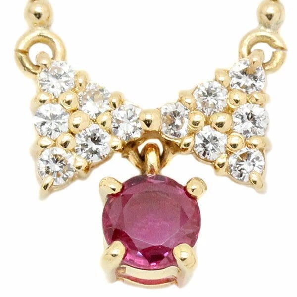18K YG RIBBON MOTIF RUBY DIAMOND BALL CHAIN NECKLACE: 18K YG Ribbon Motif Ruby Diamond Ball Chain Necklace Brand: Unbranded Type/Style: Necklace Material: 18K YG, Main Stone/Creation Main Stone RubySecondary Stone Diamond Color: Yellow Gold Size: Length: