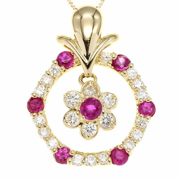 18K YG FLOWER MOTIF RUBY DIAMOND SWING PENDANT NECKLACE: 18K YG Flower Motif Ruby Diamond Swing Pendant Necklace Brand: Unbranded Type/Style: Necklace Material: 18K YG, Main Stone/Creation Main Stone RubySecondary Stone Diamond Color: Yellow Gold Size: