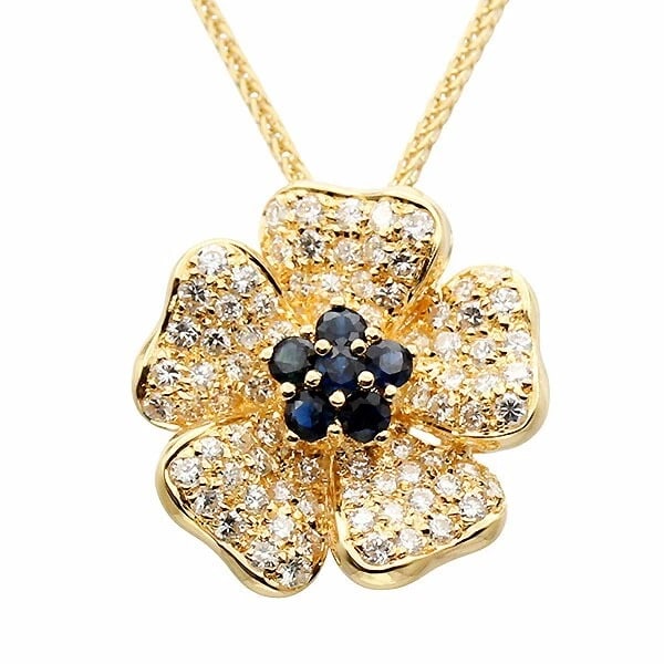 18K YG FLOWER MOTIF SAPPHIRE DIAMOND SLIDE CHAIN NECKLACE: 18K YG Flower Motif Sapphire Diamond Slide Chain Necklace Brand: Unbranded Type/Style: Necklace Material: 18K YG, Main Stone/Creation Main Stone SapphireSecondary Stone Diamond Color: Yellow Gold