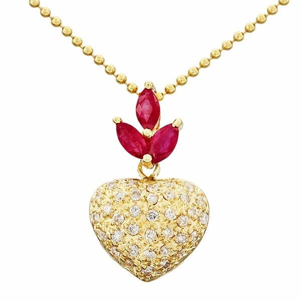 18K YG HEART MOTIF RUBY DIAMOND NECKLACE: 18K YG Heart Motif Ruby Diamond Necklace Brand: Unbranded Type/Style: Necklace Material: 18K YG, Main Stone/Creation Natural Color: Yellow Gold Size: Length: Approx. 37.5cm/40.5cm Top: approx. W13mm x
