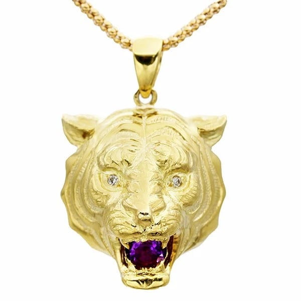 18K YG TIGER MOTIF AMETHYST DIAMOND SLIDE CHAIN NECKLACE: 18K YG Tiger Motif Amethyst Diamond Slide Chain Necklace Brand: Unbranded Type/Style: Necklace Material: 18K YG, Color: Yellow Gold Size: Length: Approximately 60cm Top: approx. W21mm x H21mm