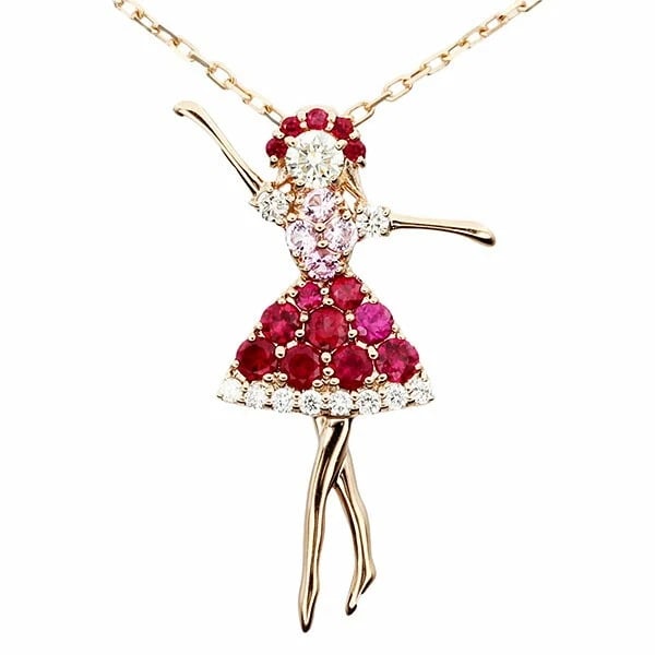BALLERINA MOTIF RUBY DIAMOND PINK SAPPHIRE 18K PG: Ballerina Motif Ruby Diamond Pink Sapphire 18K PG Brand: Unbranded Type/Style: Necklace Material: K18WG, Main Stone/Creation Ruby Secondary Stone Diamond Color: White Gold Size: US 7 Accessories: