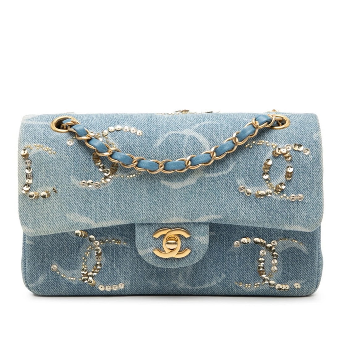 CHANEL MATELASSE COCO MARK SHOULDER BAG IN BLUE AND GOLD DENIM (1 of 3)