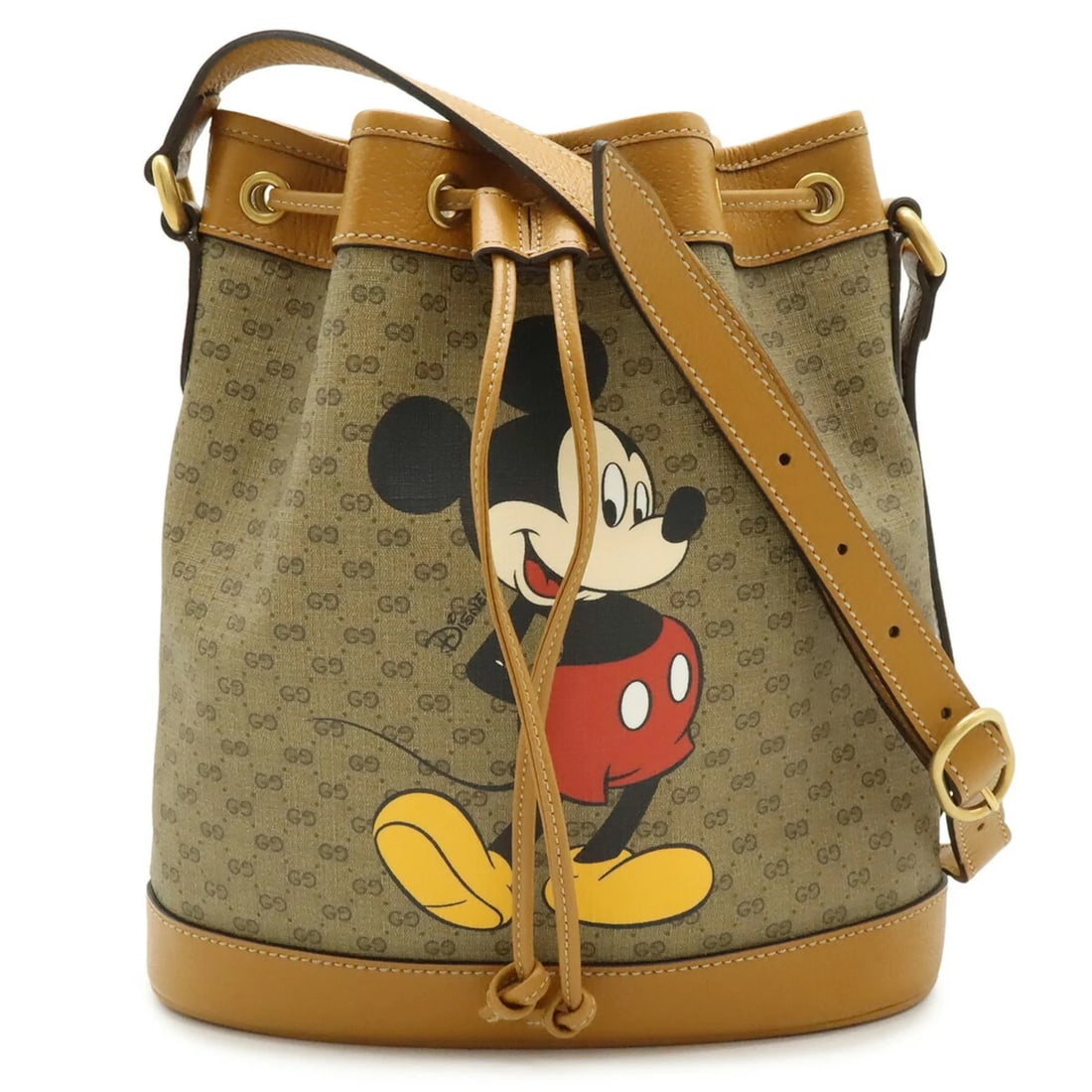 GUCCI MICRO GG DISNEY COLLABORATION MICKEY MOUSE SMALL BUCKET BAG: GUCCI Micro GG Disney Collaboration Mickey Mouse Small Bucket Bag Brand: Gucci Type/Style: Shoulder bag Material: Coated canvas , Leather Color: Beige, Light brown Size: (HxWxD) 26.5cm x 24.5cm x 11.5