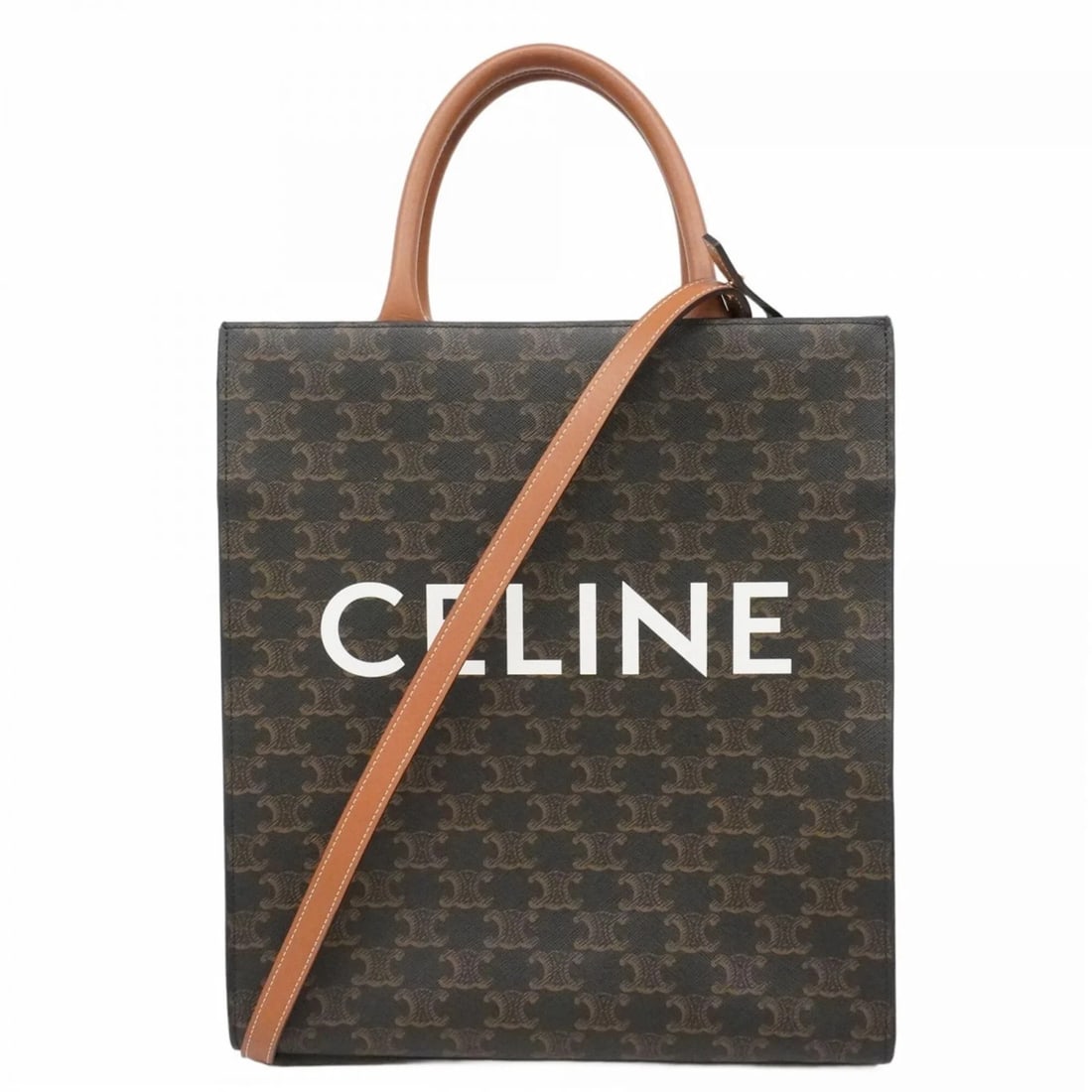 CELINE TRIOMPHE VERTICAL CABAS TOTE BAG, BROWN & BLACK, 2-WAY BAG: Celine Triomphe Vertical Cabas Tote Bag, Brown & Black, 2-way bag Brand: Celine Type/Style: Tote bag Material: PVC Color: Black, Brown Size: (HxWxD) 32.5cm x 28cm x 8cm / 12.79'' x 11.02'' x 3.14''