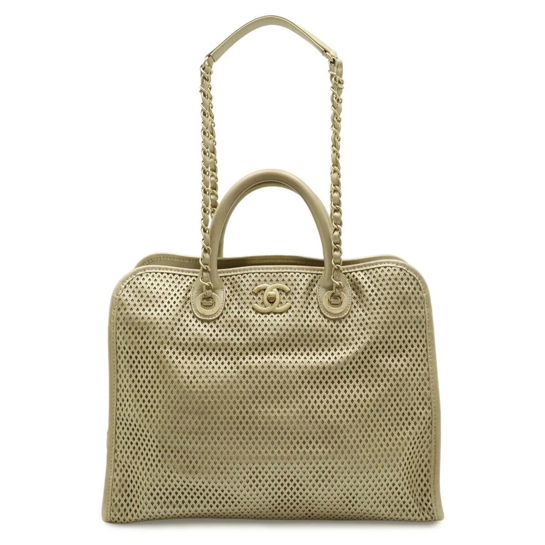 CHANEL FRENCH RIVIERA COCO MARK MESH PERFORATED TOTE BAG CHAIN: CHANEL French Riviera Coco Mark Mesh Perforated Tote Bag Chain Brand: Chanel Type/Style: Shoulder bag, Tote bag Material: Mesh Color: Champagne gold Size: (HxWxD) 26.5cm x 34cm x 16cm / 10.43'' x 13.3