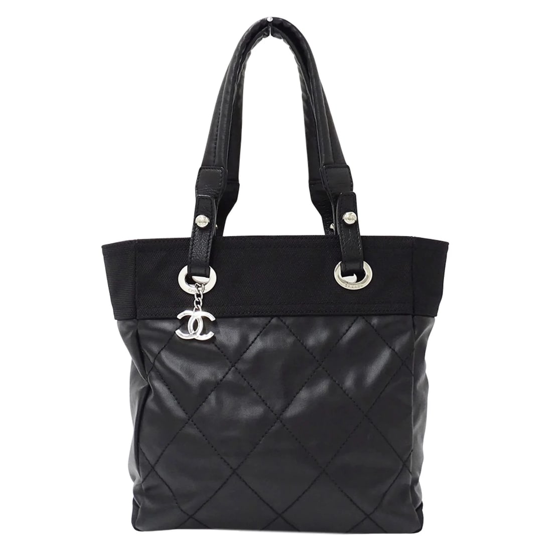 CHANEL HANDBAG, PARIS BIARRITZ STYLE, BRAND TOTE BAG: Chanel handbag, Paris Biarritz style, brand tote bag Brand: Chanel Type/Style: Handbag, Tote bag Material: Coated canvas Color: Black Size: (HxWxD) 27cm x 32cm x 11cm / 10.62'' x 12.59'' x 4.33''