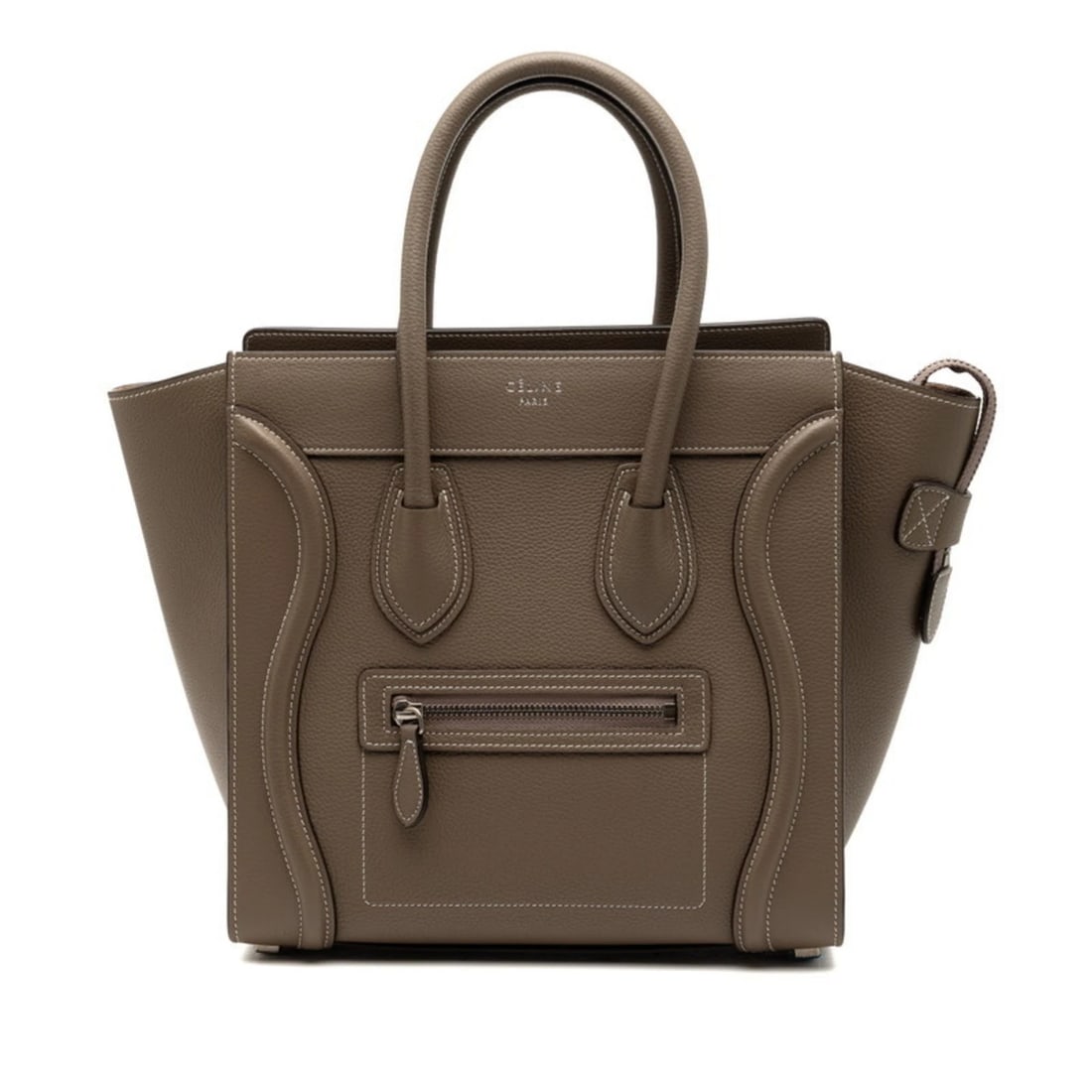 CELINE LUGGAGE MICRO SHOPPER HANDBAG IN GREIGE LEATHER FOR WOMEN: Celine Luggage Micro Shopper Handbag in Greige Leather for Women Brand: Celine Type/Style: Handbag Material: Leather Color: Grayish Size: (HxWxD) 25.5cm x 26.5cm x 12.5cm / 10.03'' x 10.43'' x 4.92'' 