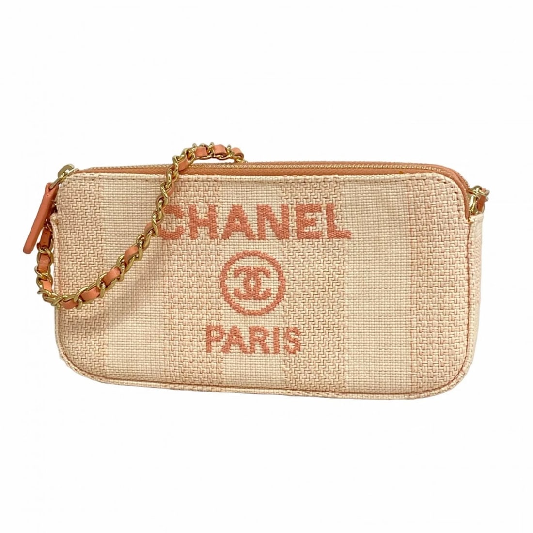 CHANEL DEAUVILLE CHAIN SHOULDER BAG, CANVAS, PINK/IVORY/CHAMPAGNE: Chanel Deauville Chain Shoulder Bag, Canvas, Pink/Ivory/Champagne Brand: Chanel Type/Style: Shoulder bag Material: Canvas Color: Ivory, Pink Size: (HxWxD) 9.5cm x 19cm x 3.5cm / 3.74'' x 7.48'' x 1.37