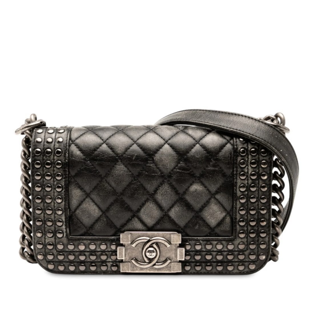 CHANEL COCO MARK STUD BOY 20 CROSSBODY CHAIN SHOULDER BAG IN BLACK: Chanel Coco Mark Stud Boy 20 Crossbody Chain Shoulder Bag in Black Brand: Chanel Type/Style: Shoulder bag Material: Leather Color: Black Size: (HxWxD)13cm x 20cm x 6cm / 5.11'' x 7.87'' x 2.36'' A