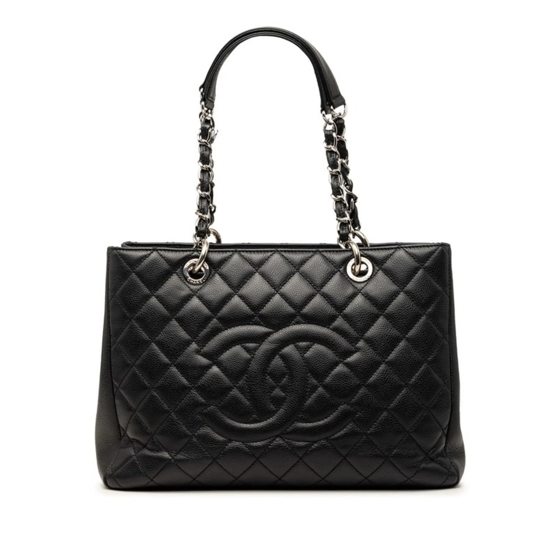 CHANEL MATELASSE COCO MARK CHAIN TOTE BAG HANDBAG BLACK CAVIARSKIN: Chanel Matelasse Coco Mark Chain Tote Bag Handbag Black CaviarSkin Brand: Chanel Type/Style: Handbag Material: Grained Calfskin Color: Black Size: (HxWxD)24cm x 34cm x 12.5cm / 9.44'' x 13.38'' x 4.92