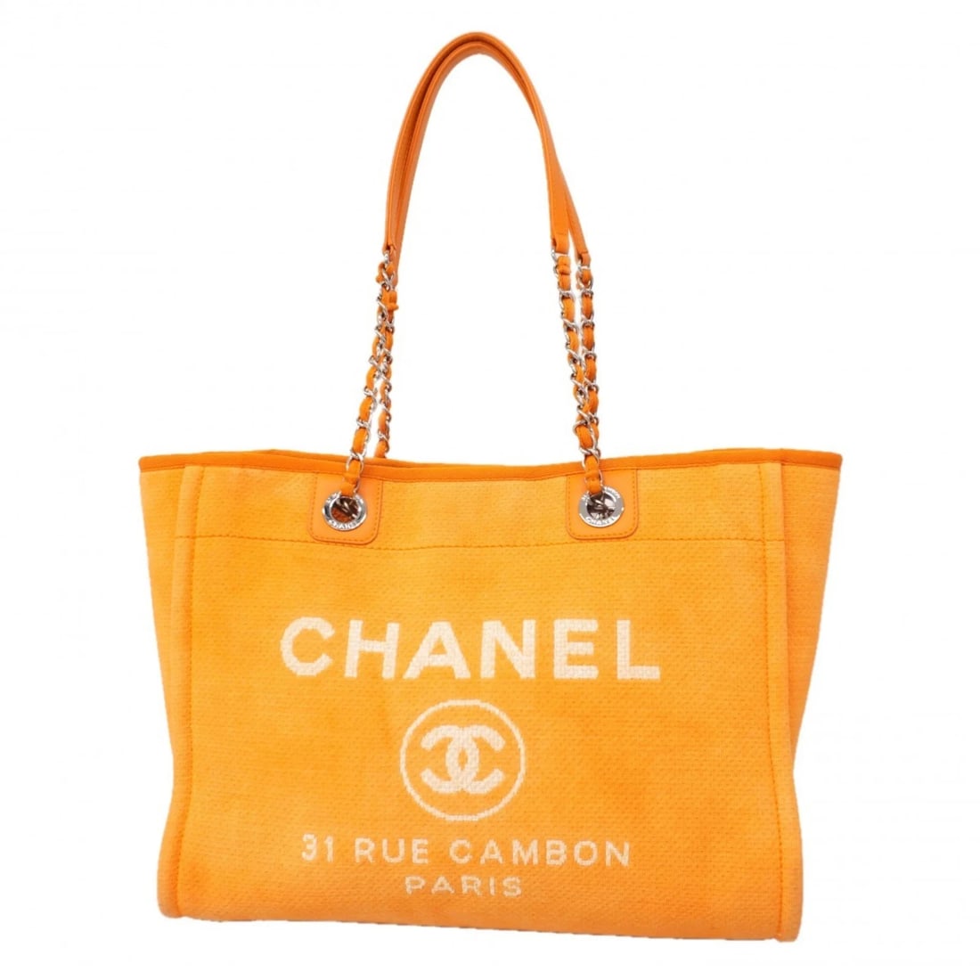 CHANEL DEAUVILLE CHAIN TOTE BAG, CANVAS, ORANGE,: Chanel Deauville Chain Tote Bag, Canvas, Orange, Brand: Chanel Type/Style: Tote bag Material: Canvas Color: Orange Size: (HxWxD)27cm x 34.5cm x 13cm / 10.62'' x 13.58'' x 5.11'' Accessories: None