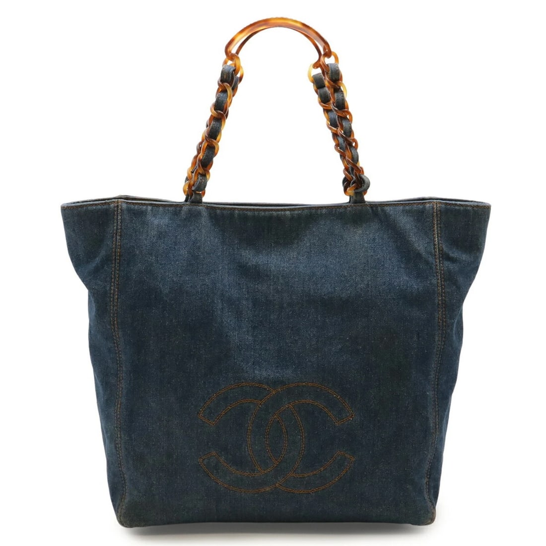 CHANEL COCO MARK PLASTIC CHAIN TOTE BAG/SHOULDER BAG IN DENIM, BLUE: CHANEL Coco Mark plastic chain tote bag/shoulder bag in denim, blue Brand: Chanel Type/Style: Shoulder bag, Tote bag Material: Denim , Plastic Color: Blue,Brown Size: (HxWxD)36cm x 32cm x 16cm / 14.17