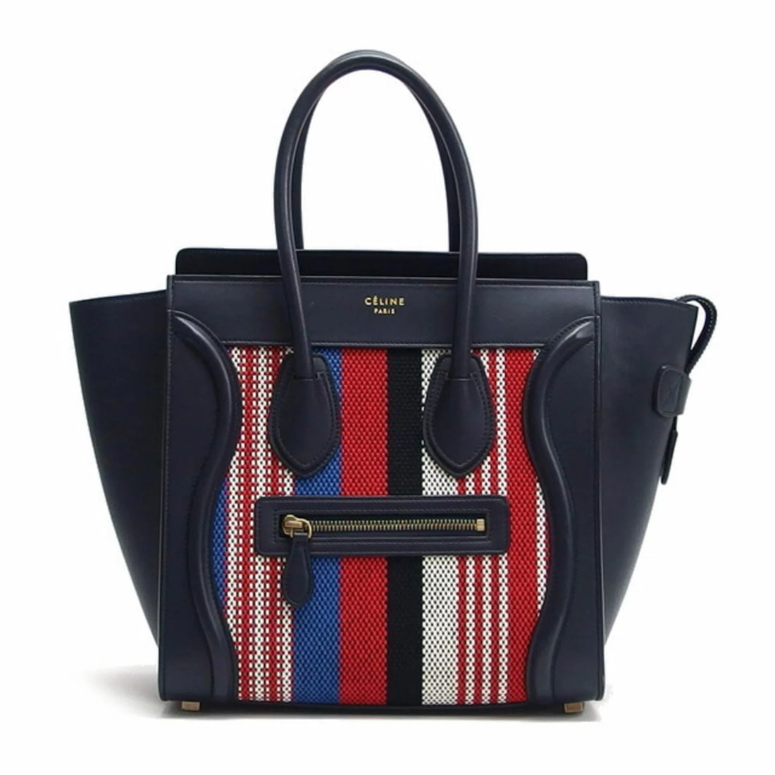 CELINE LUGGAGE MICRO SHOPPER STRIPED HANDBAG DARK NAVY: Celine Luggage Micro Shopper Striped Handbag Dark Navy Brand: Celine Type/Style: Handbag, Tote bag Material: Leather,Canvas Color: Black, Blue, Dark navy, Red color, White Size: (HxWxD)27cm x 39cm x 1