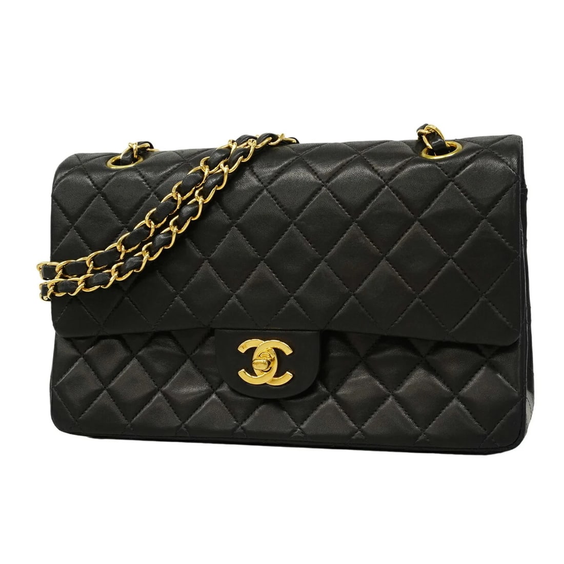 CHANEL MATELASSE SHOULDER BAG, DOUBLE FLAP, CHAIN, LAMBSKIN, BLACK (1 of 5)