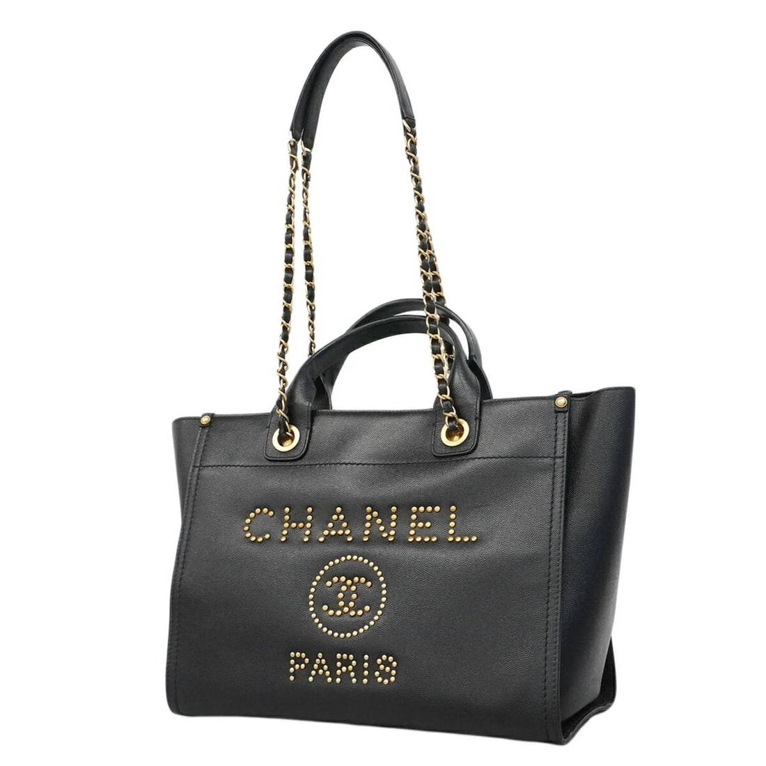 CHANEL DEAUVILLE CHAIN TOTE BAG, SHOULDER CAVIARSKINLEATHER, BLACK: Chanel Deauville Chain Tote Bag, Shoulder CaviarSkinLeather, Black Brand: Chanel Type/Style: Tote bag Material: Grained Calfskin Color: Black Size: (HxWxD)27cm x 33cm x 18cm / 10.62'' x 12.99'' x 7.08