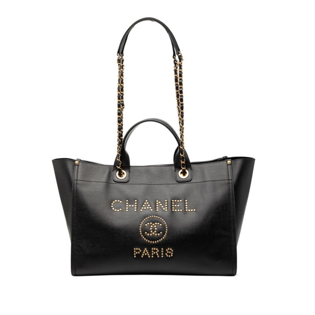 CHANEL DEAUVILLE LOGO STUD TOTE/SHOULDER BAG, 2-WAY, BLACK: CHANEL Deauville Logo Stud Tote/Shoulder Bag, 2-Way, Black Brand: Chanel Type/Style: Shoulder bag, Tote bag Material: Grained Calfskin Color: Black Size: (HxWxD)28cm x 38cm x 20cm / 11.02'' x 14.96'' 