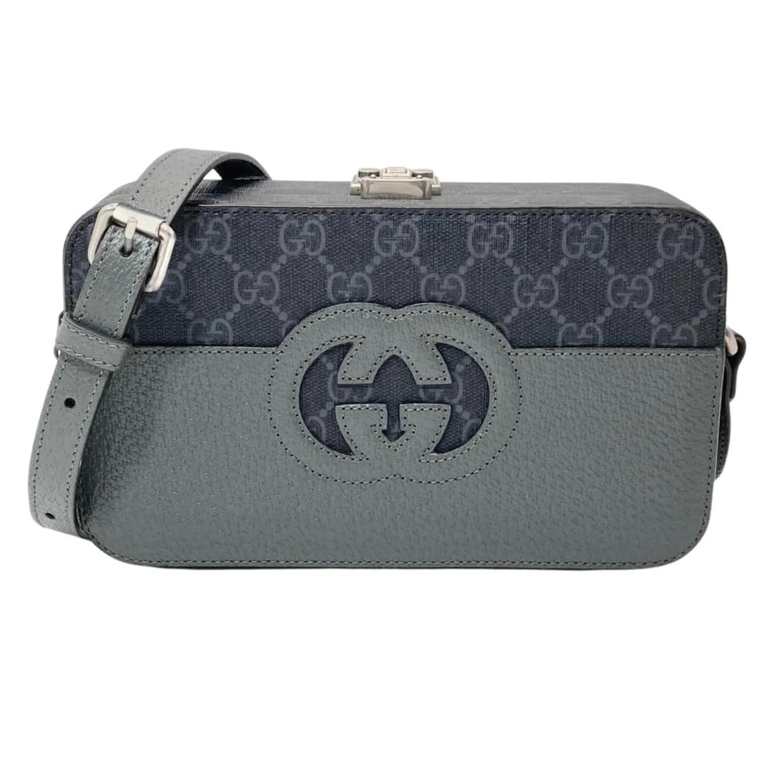 GUCCI CUTOUT INTERLOCKING G SHOULDER BAG, GG SUPREME CANVAS LEATHER: Gucci Cutout Interlocking G Shoulder Bag, GG Supreme Canvas Leather Brand: Gucci Type/Style: Shoulder bag Material: GG Supreme,Leather Color: Black,Gray Size: (HxWxD)12cm x 20.5cm x 6cm / 4.72'' x 8.0