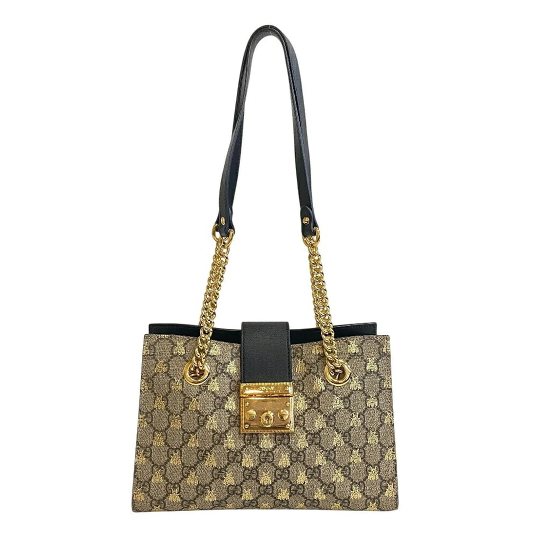 GUCCI PADLOCK SMALL CHAIN GG SUPREME BEE SHOULDER BAG: GUCCI Padlock Small Chain GG Supreme Bee Shoulder Bag Brand: Gucci Type/Style: Shoulder bag Material: Leather Color: Beige Size: (HxWxD)18cm x 26cm x 10cm / 7.08'' x 10.23'' x 3.93'' Accessories: