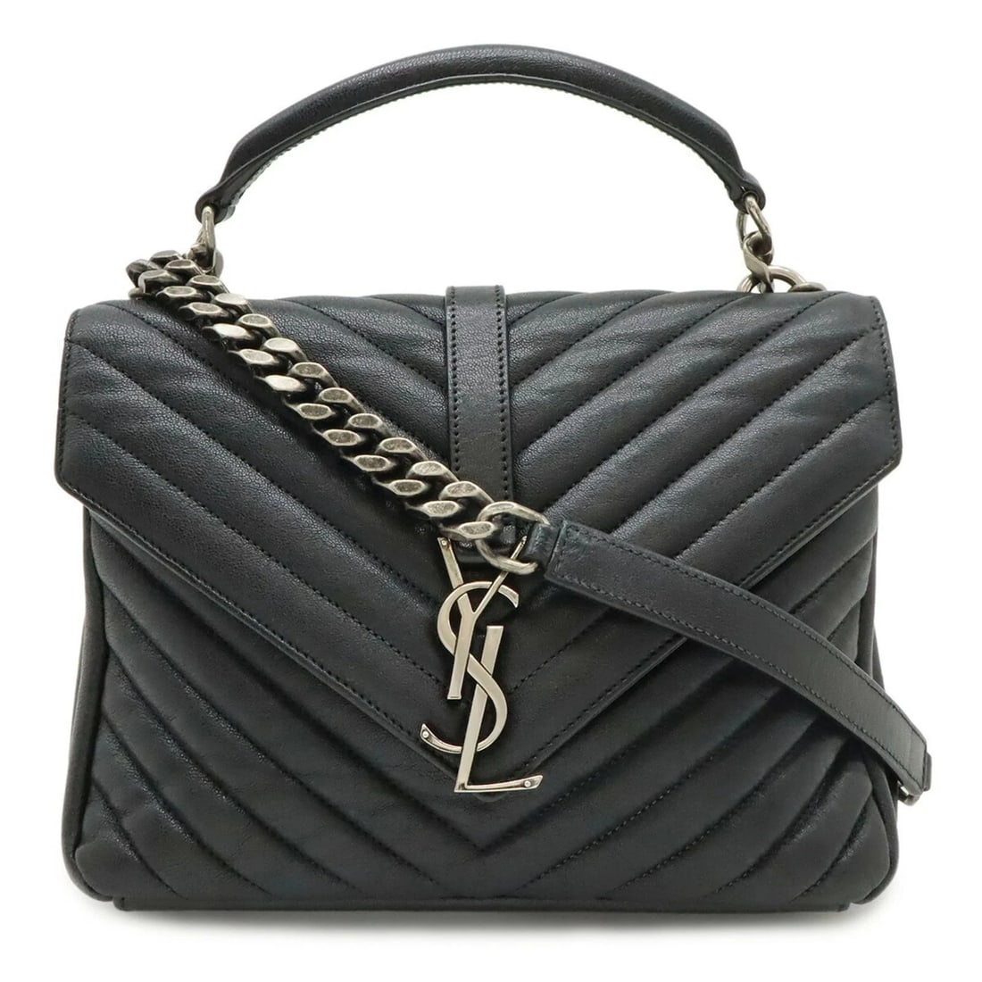SAINT LAURENT PARIS YSL COLLEGE HANDBAG CHAIN: SAINT LAURENT PARIS YSL College Handbag Chain Brand: Yves Saint Laurent Type/Style: Handbag, Shoulder bag Material: Leather Color: Black Size: (HxWxD)18.5cm x 23cm x 6cm / 7.28'' x 9.05'' x 2.36''