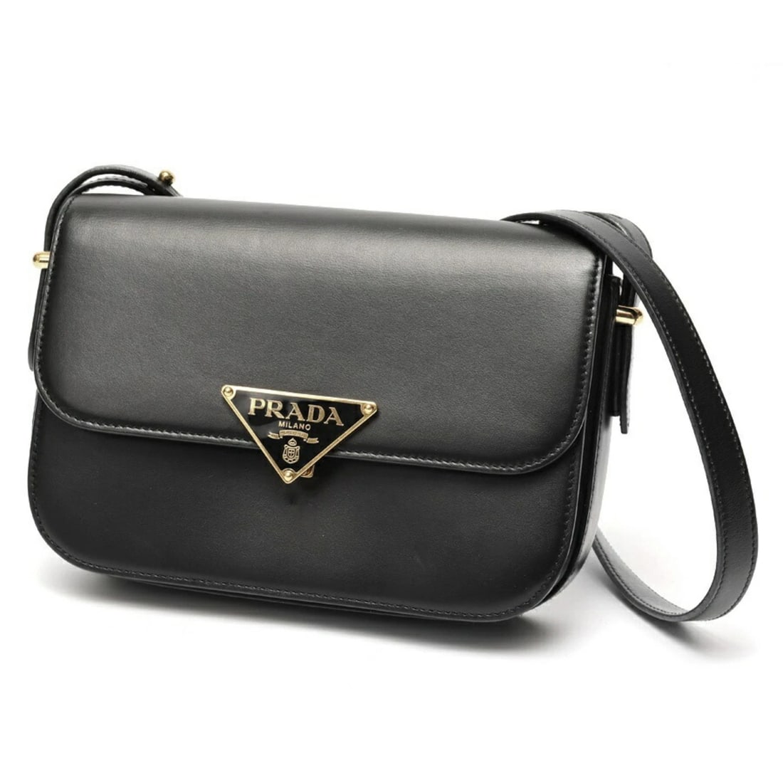PRADA TRIANGLE SHOULDER BAG GLASS LEATHER, BLACK: Prada Triangle Shoulder Bag Glass Leather, Black Brand: Prada Type/Style: Shoulder bag Material: Leather Color: Black Size: (HxWxD)16cm x 22cm x 4cm / 6.29'' x 8.66'' x 1.57'' Accessories: None
