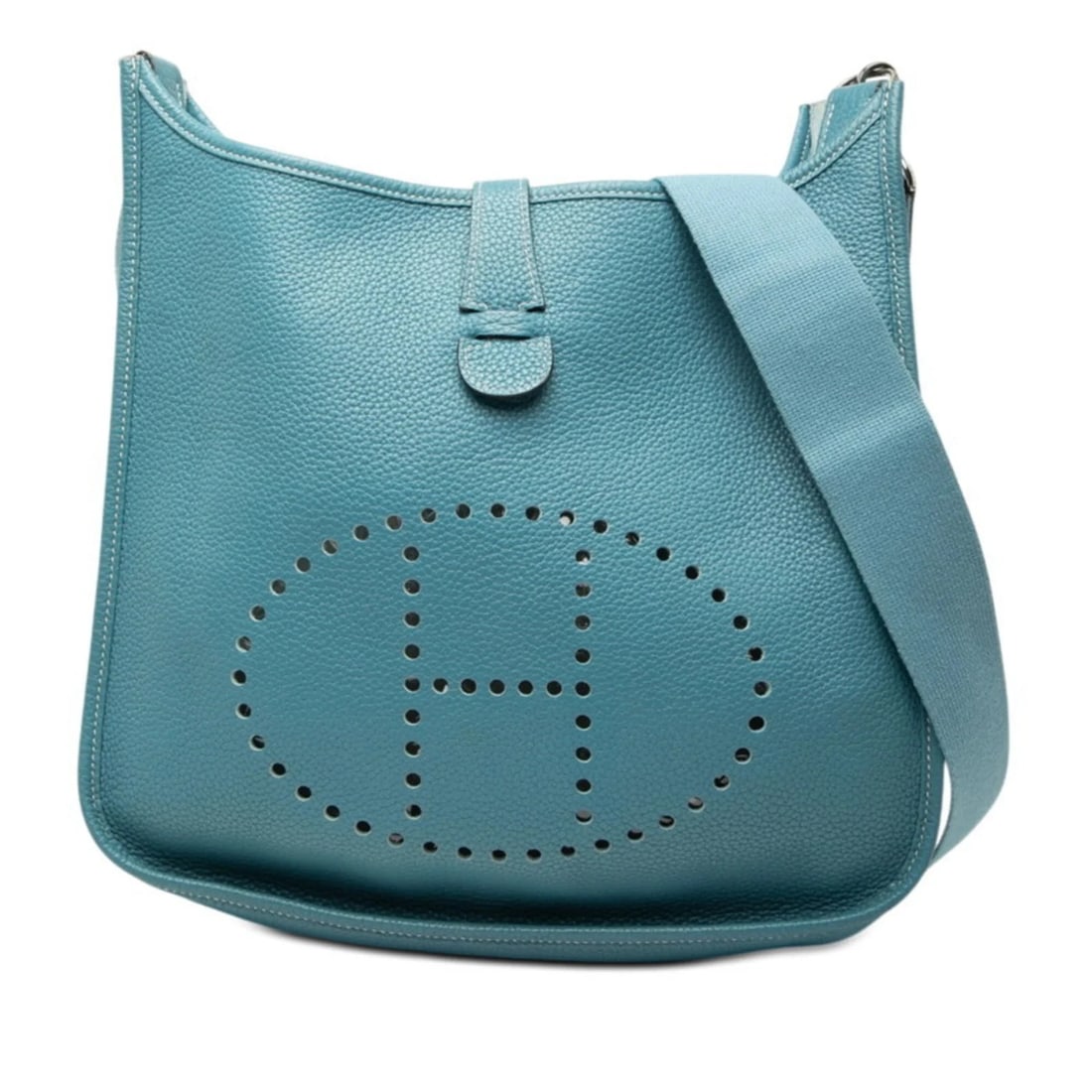 HERMES EVELYNE 3 GM CROSSBODY SHOULDER BAG, BLUE JEAN, SILVER HARDWARE: Hermes Evelyne 3 GM Crossbody Shoulder Bag, Blue Jean, Silver Hardware Brand: Hermes Type/Style: Shoulder bag Material: Taurillon clemence leather Color: Blue Jean Size: (HxWxD)34cm x 33cm x 9cm / 13.