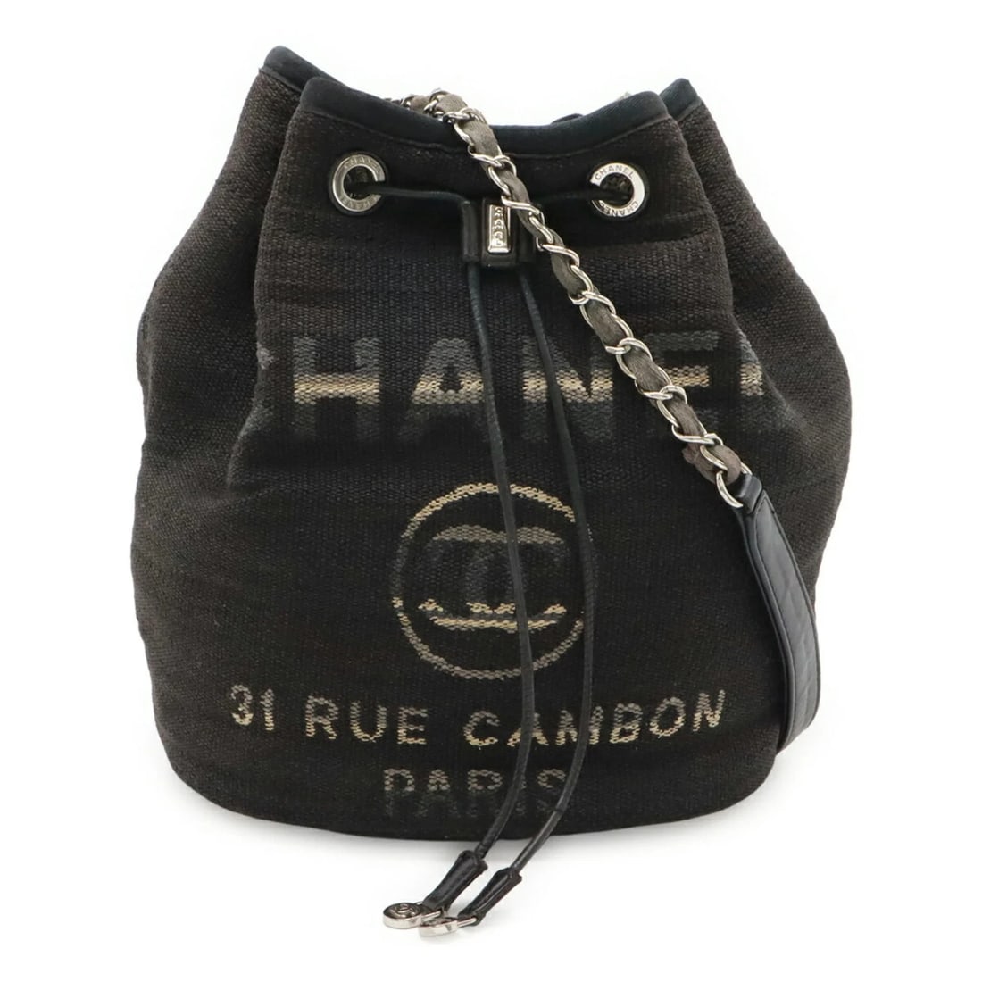 CHANEL DEAUVILLE BORDER SHOULDER BAG, CHAIN STRAP, CANVAS: CHANEL Deauville Border Shoulder Bag, Chain Strap, Canvas Brand: Chanel Type/Style: Shoulder bag Material: Canvas,Leather Color: Multicolor,Navy Size: (HxWxD)25cm x 21cm x 15cm / 9.84'' x 8.26'' x 5.9