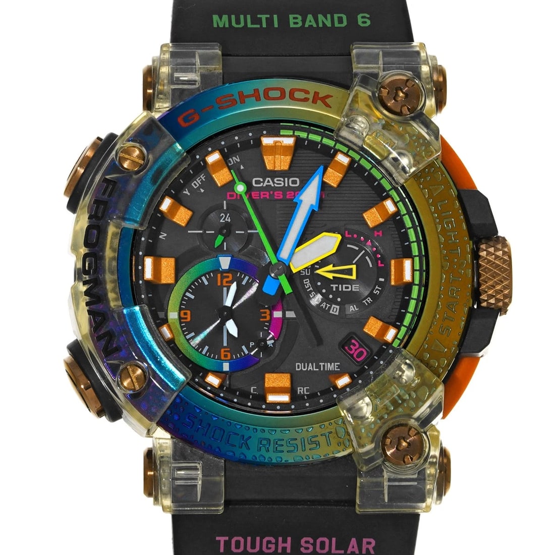 CASIO G-SHOCK BORNEO RAINBOW BLACK WATCH: CASIO G-SHOCK Borneo Rainbow black Watch Brand: CASIO Type/Style: Wristwatch Material: Band Material rubber, Case Material carbon Color: Dial Color black Size: ?Case? H/about 53.3mm W/about 53.3mm