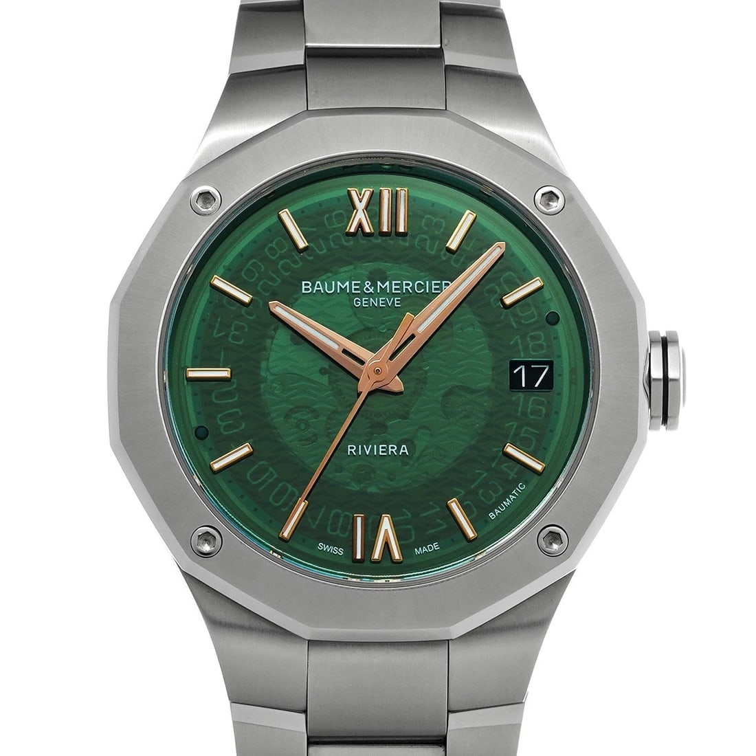 BAUME & MERCIER RIVIERA GREEN WATCH: Baume & Mercier Riviera green Watch Brand: Baume & Mercier Type/Style: Wristwatch Material: Band Material Stainless steel, Case Material Stainless steel Color: Dial Color green Size: ?Case? H/about