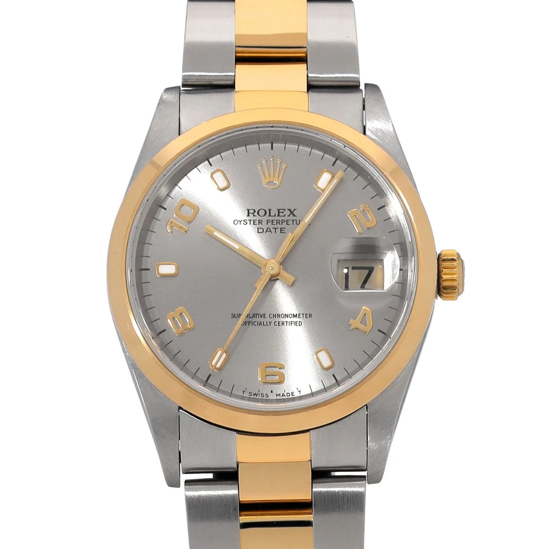 ROLEX OYSTER PERPETUAL GRAY WATCH: ROLEX Oyster Perpetual gray Watch Brand: ROLEX Type/Style: Wristwatch Material: Band Material Stainless steel/Yellow Gold, Case Material Stainless steel Color: Dial Color gray Size: ?Case? H/about