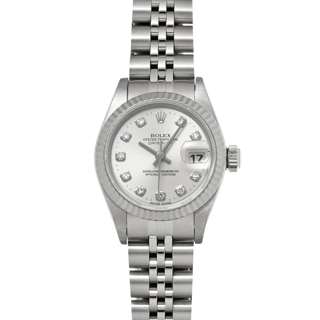ROLEX SILVER/DIAMOND WATCH: ROLEX Silver/diamond Watch Brand: ROLEX Type/Style: Wristwatch Material: Band Material Stainless steel, Case Material Stainless steel Color: Dial Color Silver Size: ?Case? H/about 26mm W/about 26mm