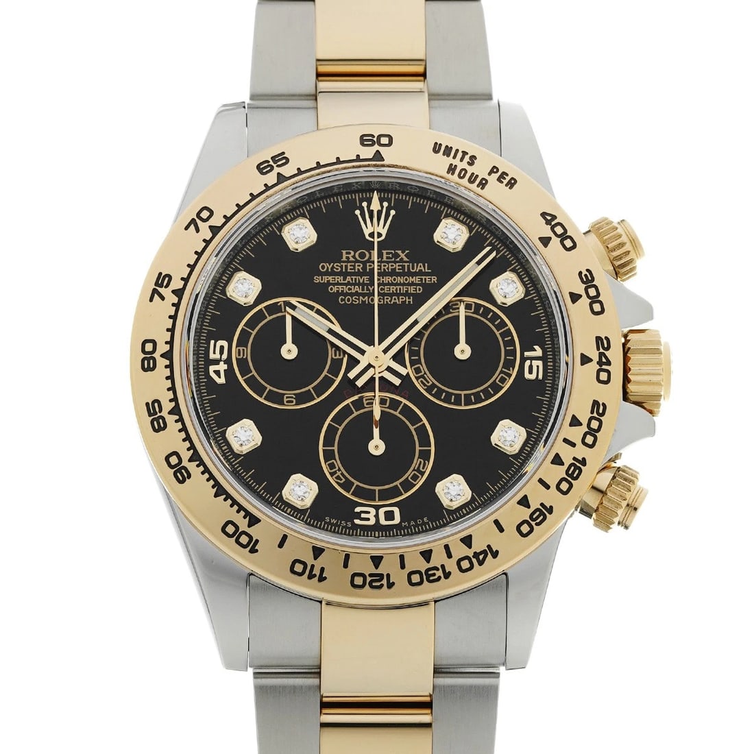 ROLEX COSMOGRAPH DAYTONA BLACK/DIAMOND WATCH: ROLEX Cosmograph Daytona black/diamond Watch Brand: ROLEX Type/Style: Wristwatch Material: Band Material Stainless steel/Yellow Gold, Case Material Stainless steel Color: Dial Color black Size: