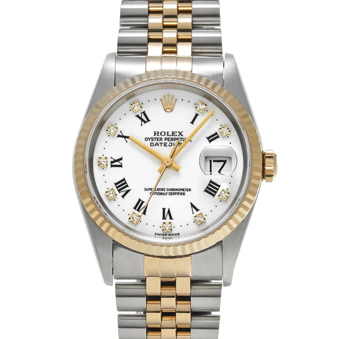 ROLEX WHITE/DIAMOND WATCH: ROLEX white/diamond Watch Brand: ROLEX Type/Style: Wristwatch Material: Band Material Stainless steel/Yellow Gold, Case Material Stainless steel Color: Dial Color white Size: ?Case? H/about 36mm