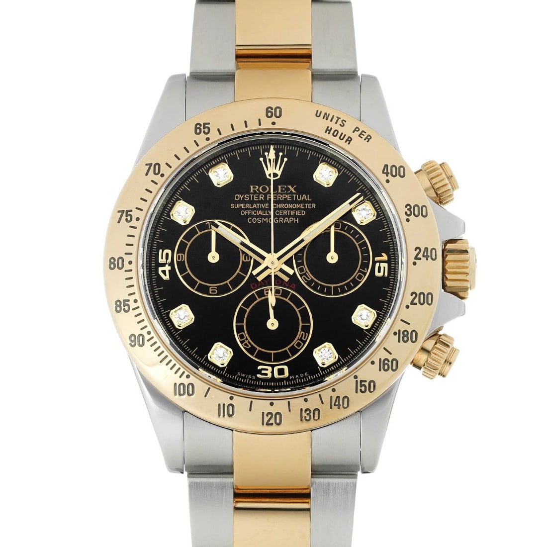 ROLEX COSMOGRAPH DAYTONA BLACK/DIAMOND WATCH: ROLEX Cosmograph Daytona black/diamond Watch Brand: ROLEX Type/Style: Wristwatch Material: Band Material Stainless steel/Yellow Gold, Case Material Stainless steel Color: Dial Color black Size: