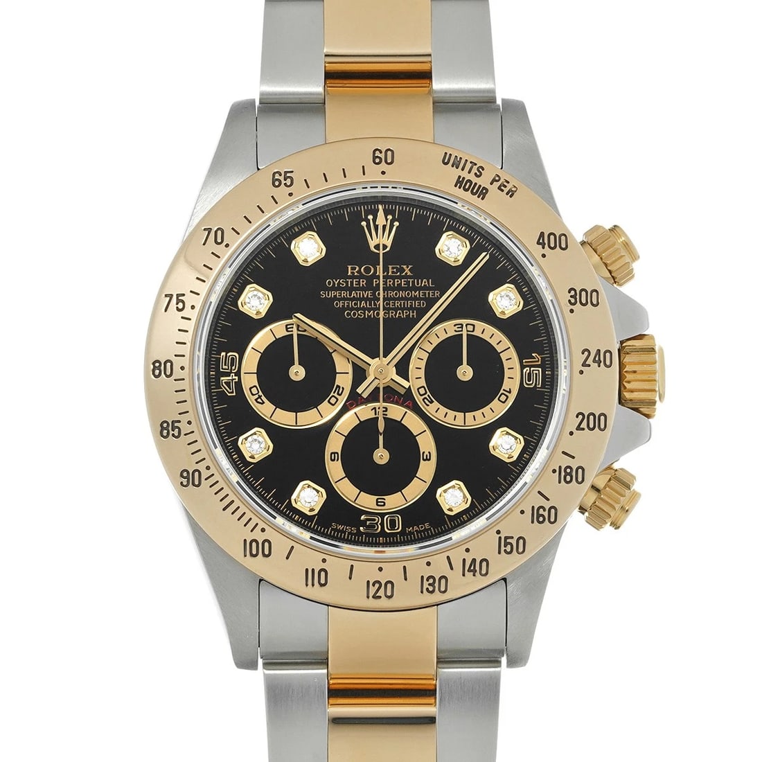 ROLEX COSMOGRAPH DAYTONA BLACK/DIAMOND WATCH: ROLEX Cosmograph Daytona black/diamond Watch Brand: ROLEX Type/Style: Wristwatch Material: Band Material Stainless steel/Yellow Gold, Case Material Stainless steel Color: Dial Color black Size: