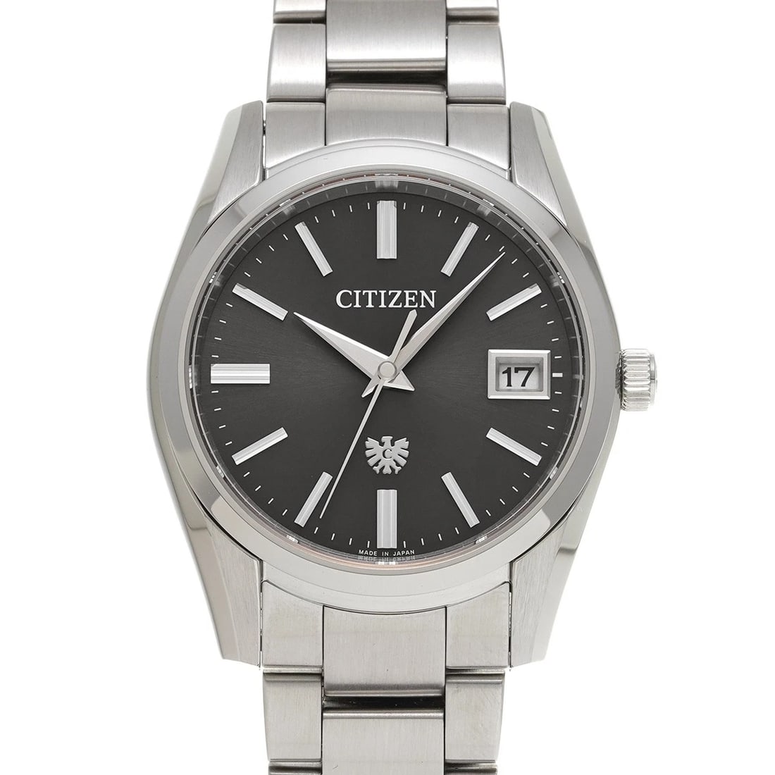 CITIZEN THE CITIZEN ECO DRIVE CHARCOAL GRAY WATCH: CITIZEN The Citizen Eco Drive Charcoal gray Watch Brand: CITIZEN Type/Style: Wristwatch Material: Band Material Stainless steel, Case Material Stainless steel Color: Dial Color Charcoal gray Size: