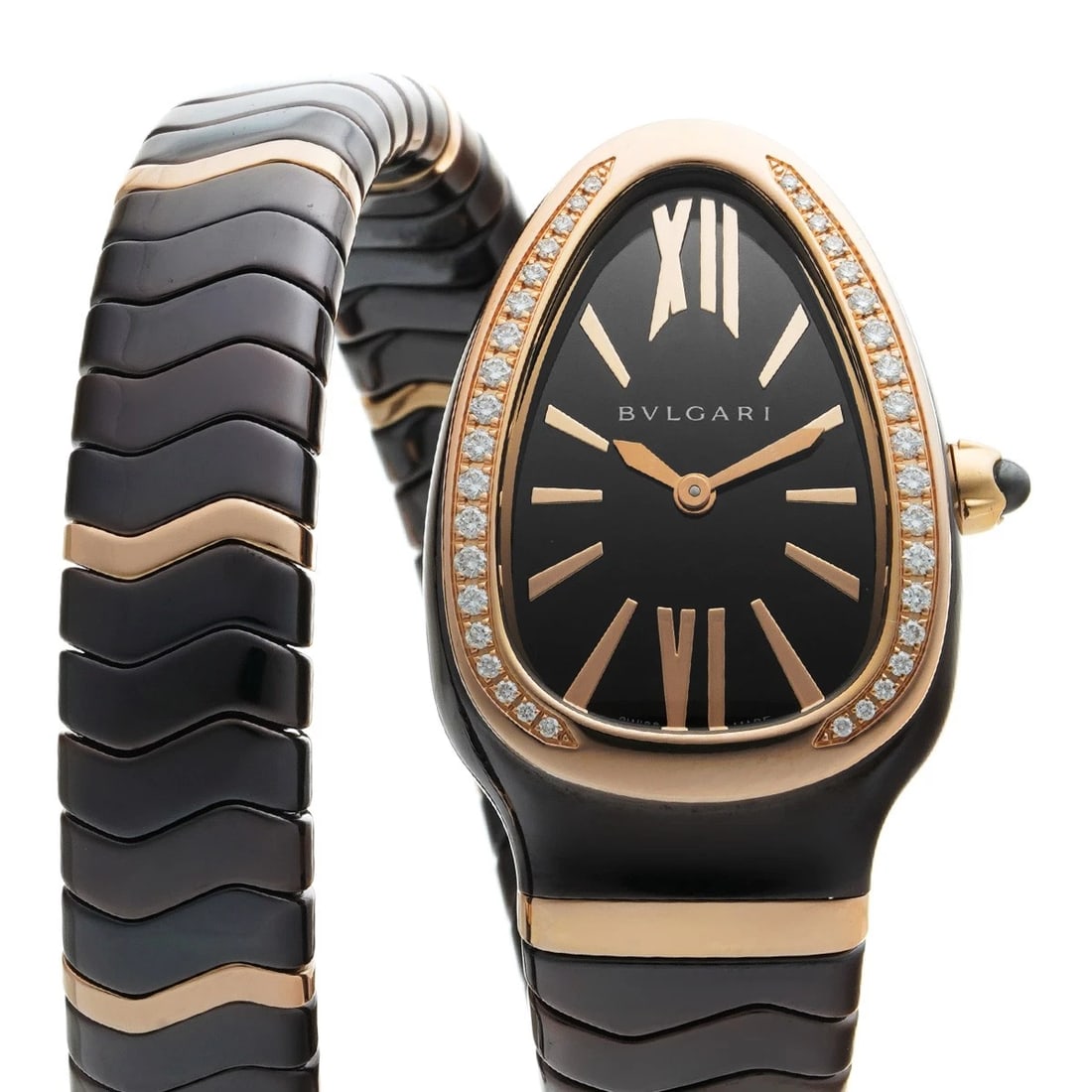 BVLGARI SERPENTI SPIGA DOUBLE SPIRAL BLACK WATCH: BVLGARI Serpenti Spiga Double Spiral black Watch Brand: BVLGARI Type/Style: Wristwatch Material: Band Material ceramic/Pink gold, Case Material ceramic Color: Dial Color black Size: ?Case? H/about