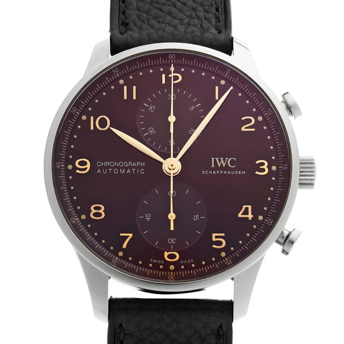 IWC PORTUGIESER CHRONO WINE-RED WATCH: IWC Portugieser Chrono wine-red Watch Brand: IWC Type/Style: Wristwatch Material: Band Material calf, Case Material Stainless steel Color: Dial Color wine-red Size: ?Case? H/about 41mm W/about 41mm