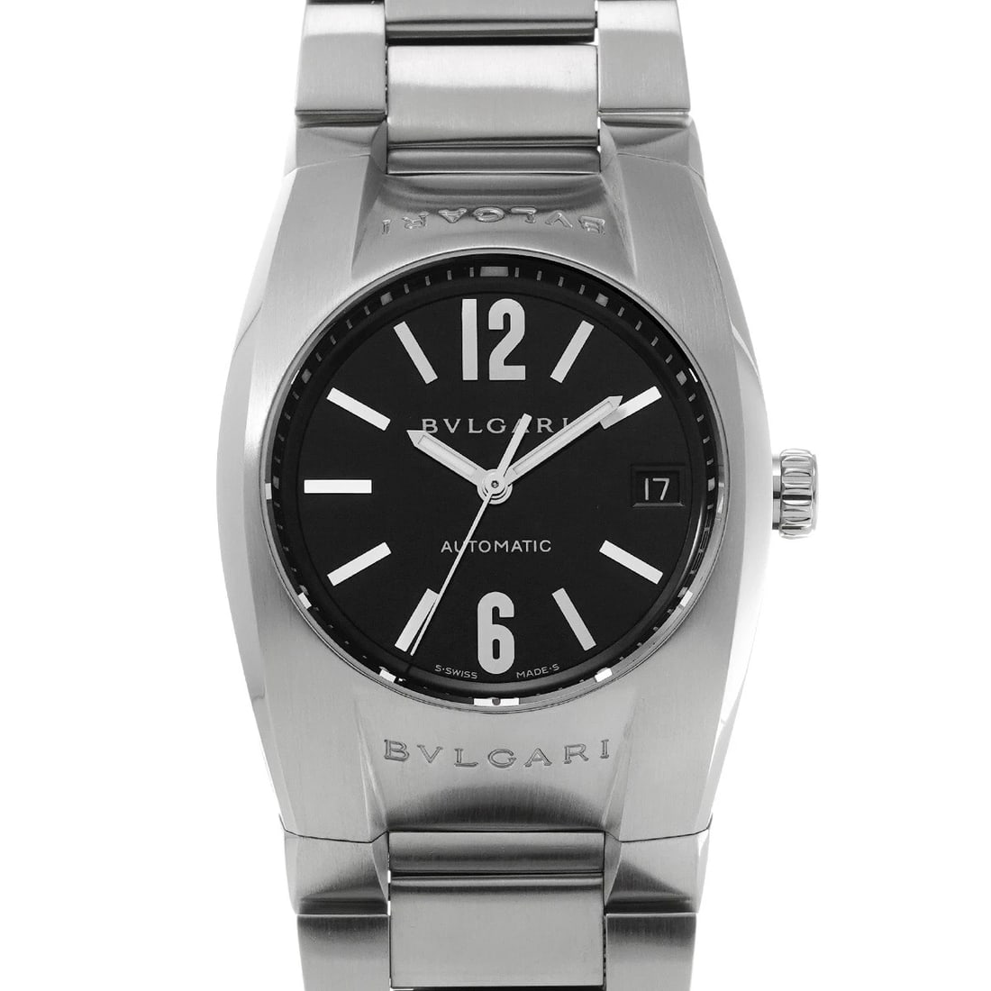 BVLGARI ELGON BLACK WATCH: BVLGARI Elgon black Watch Brand: BVLGARI Type/Style: Wristwatch Material: Band Material Stainless steel, Case Material Stainless steel Color: Dial Color black Size: ?Case? H/about 44mm W/about 35mm
